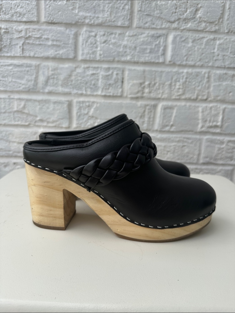 Dolce Vita Black Braided Leather Clogs with Natural Wood Heel
